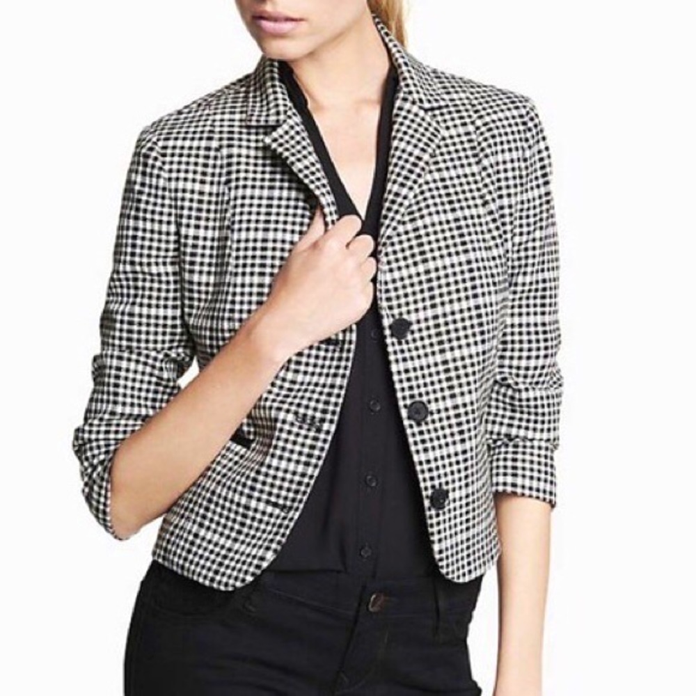 Express women's 3/4 sleeve Jacket blazer - size 12 - Black / White plaid